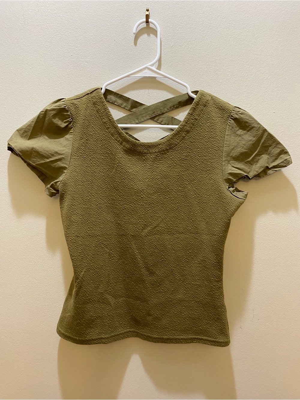Olive Green Puff Sleeve Cross-Back Women's Top